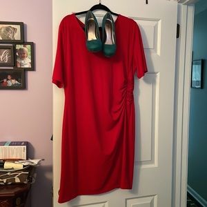 Red  Worthington dress and green Qupid green suede pumps